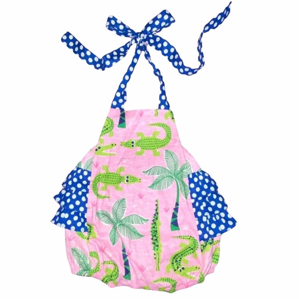 6/9 Ricrac & Ruffles Baby Girls Boutique Pink Green Alligator Bubble Romper